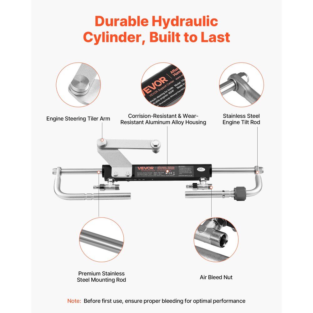 Outboard Hydraulic Steering Kit, 70kW (90HP) Hydraulic Steering Pump and Cylinder, 6.9MPa Working Pressure, Aluminum Alloy Housing, Check Valve, for Outboard Motors, Fishing and Sailboats
