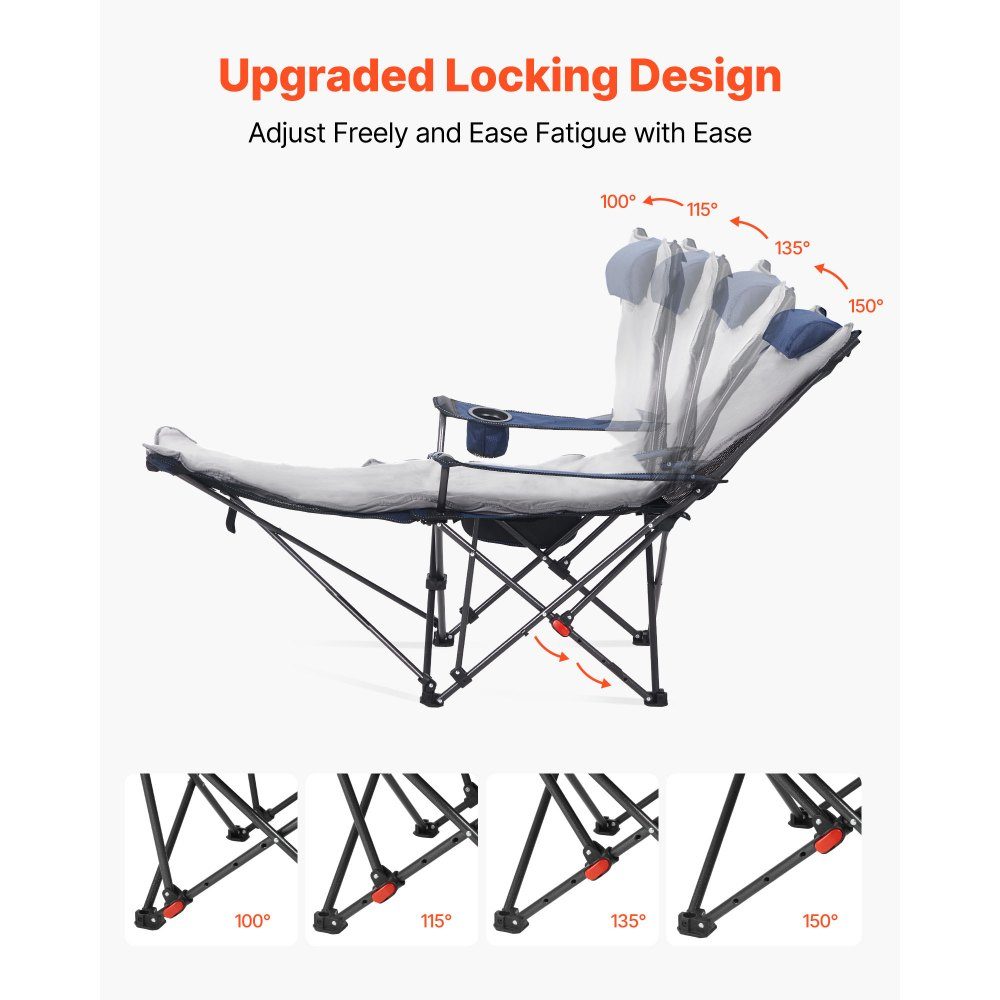 Opvouwbare campingstoel, ligstoel met 4 verstelbare standen, relaxstoel ligstoel met bekerhouder, strandstoel met hoofd- en voetsteun, draagvermogen 100 kg, voor buiten kamperen, blauw