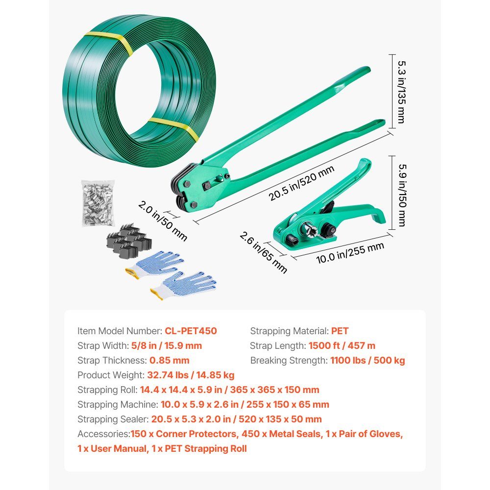 6-teiliges Umreifungsset mit Umreifungsband, manuelles Umreifungsgerät mit 457 m PET-Band, 450 Metallklammern, 150 Kantenschutz, perfekte Werkstattausrüstung für Verpackung, Transport und Lagerung