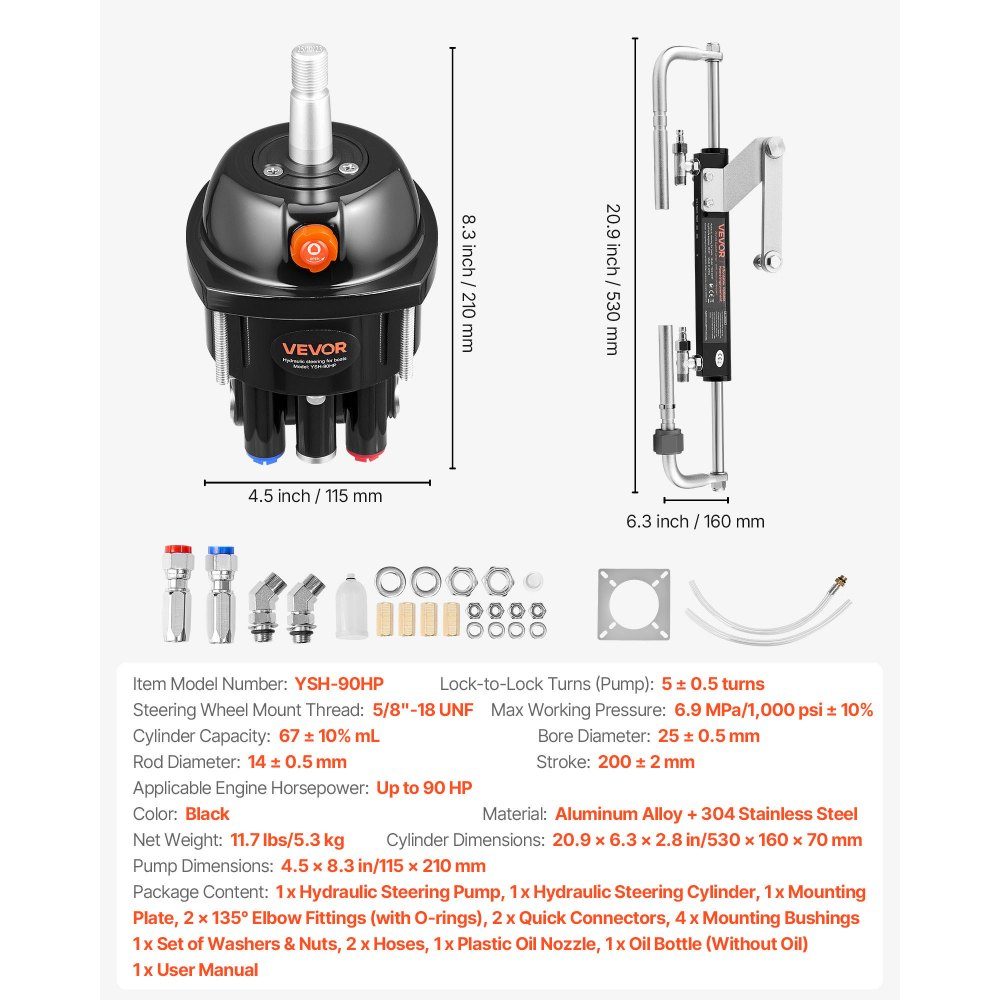 Outboard Hydraulic Steering Kit, 70kW (90HP) Hydraulic Steering Pump and Cylinder, 6.9MPa Working Pressure, Aluminum Alloy Housing, Check Valve, for Outboard Motors, Fishing and Sailboats