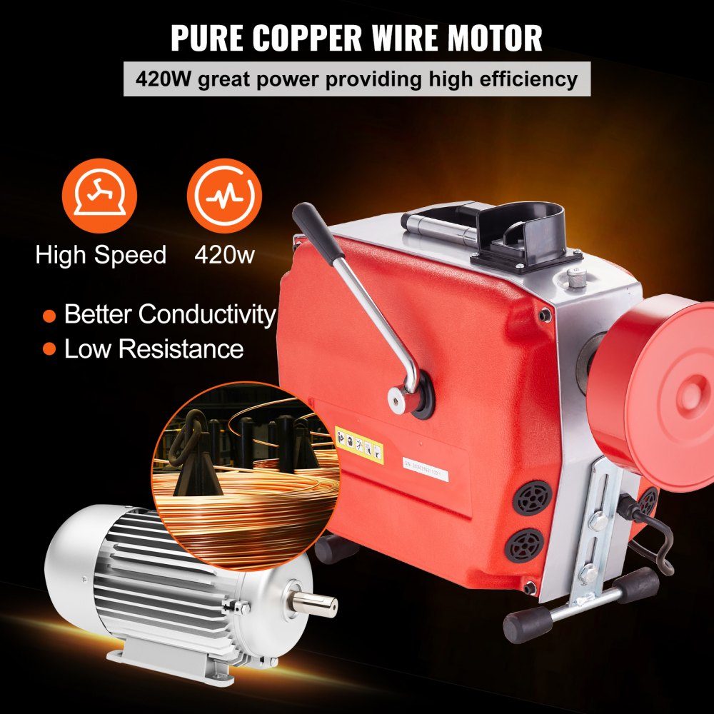 120ft x 7/8" Pipe Cleaning Machine, 420W Electric Pipe Cleaning Cable with Manual Feed - with 6 cutters, 2 steel cables (120ft x 7/8" and 18ft x 3/8") and CW/CCW control for 1.9" to 6" pipes