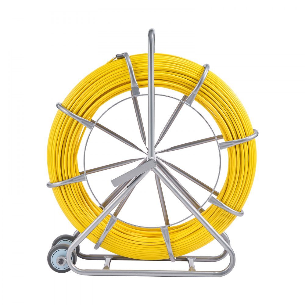 Retractable Tape 200m 5/16" Pipe Puller Retractable Tape Wire Puller Cable Management Rod with Steel Reel Stand 3 Pull Heads Fishing Tool for Walls and Electrical Wires Non-Conductive