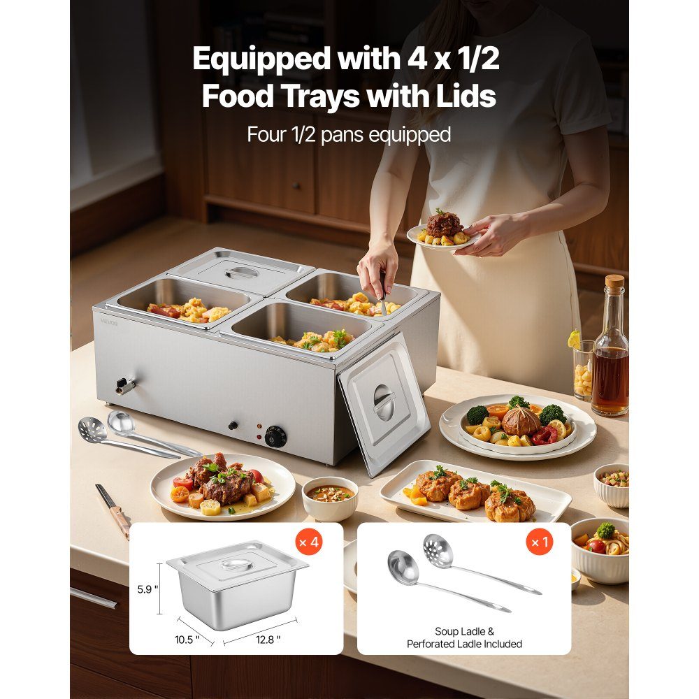 Réchauffeur de nourriture commercial (4 récipients de taille 1/2), récipient chauffant électrique en acier inoxydable de 1,5 kW avec couvercle et louche à soupe, réchauds pour restauration, restaurant, fête