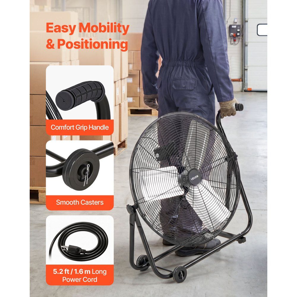 Vloerventilator Ø609,6mm, windmachine 360° kantelbaar, staande ventilator met 3 snelheden, draagbare trommelventilator met handvatrollen & 1,6m kabel, industriële ventilator voor garageopslag
