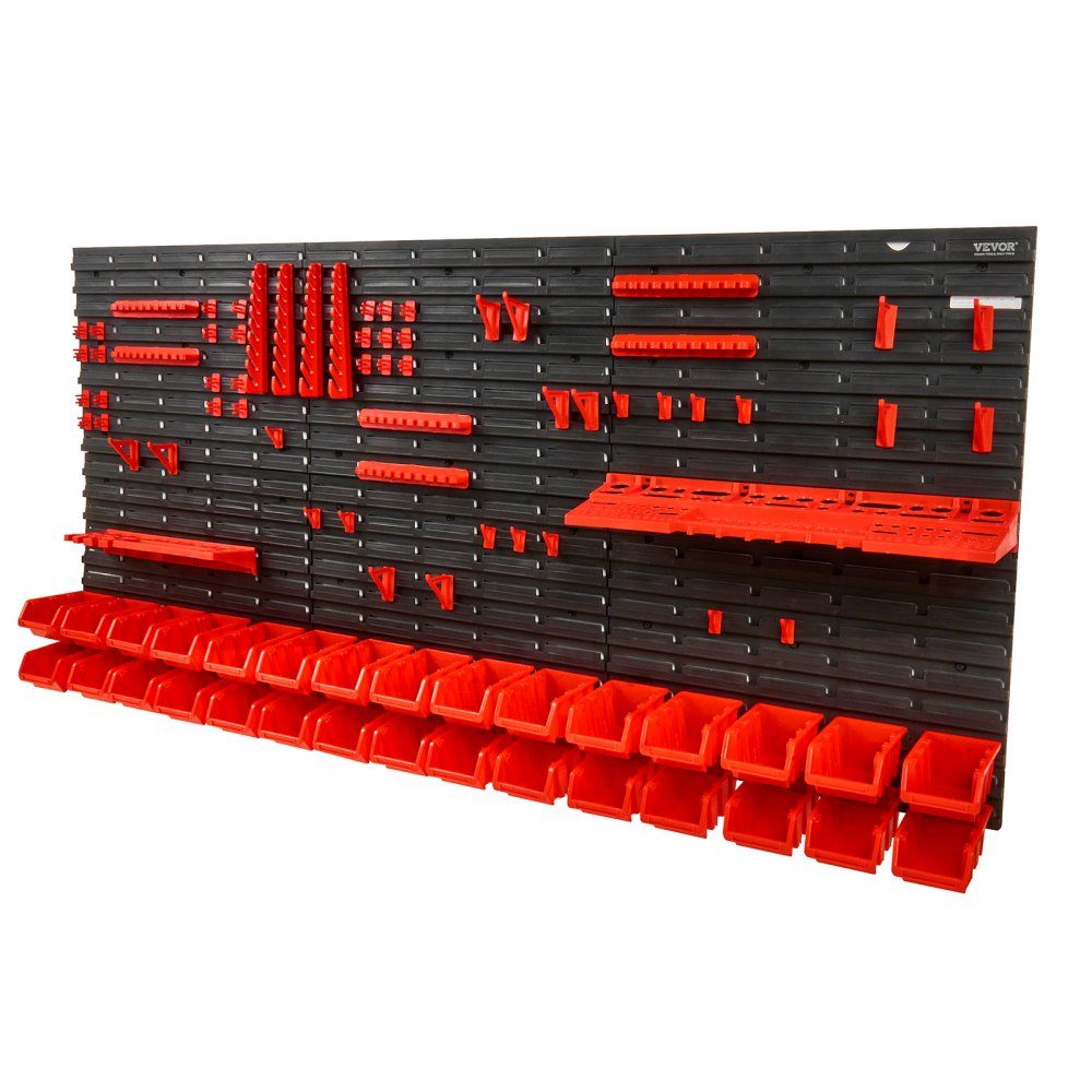 Stacking Boxes, 30 Container Pieces Shelf Organizer for Garage, Plastic Shop Tool with Wall Panels/Tool Holders/Hooks, for Nuts, Bolts, Screws, Nails, Beads, Buttons, Black/Red