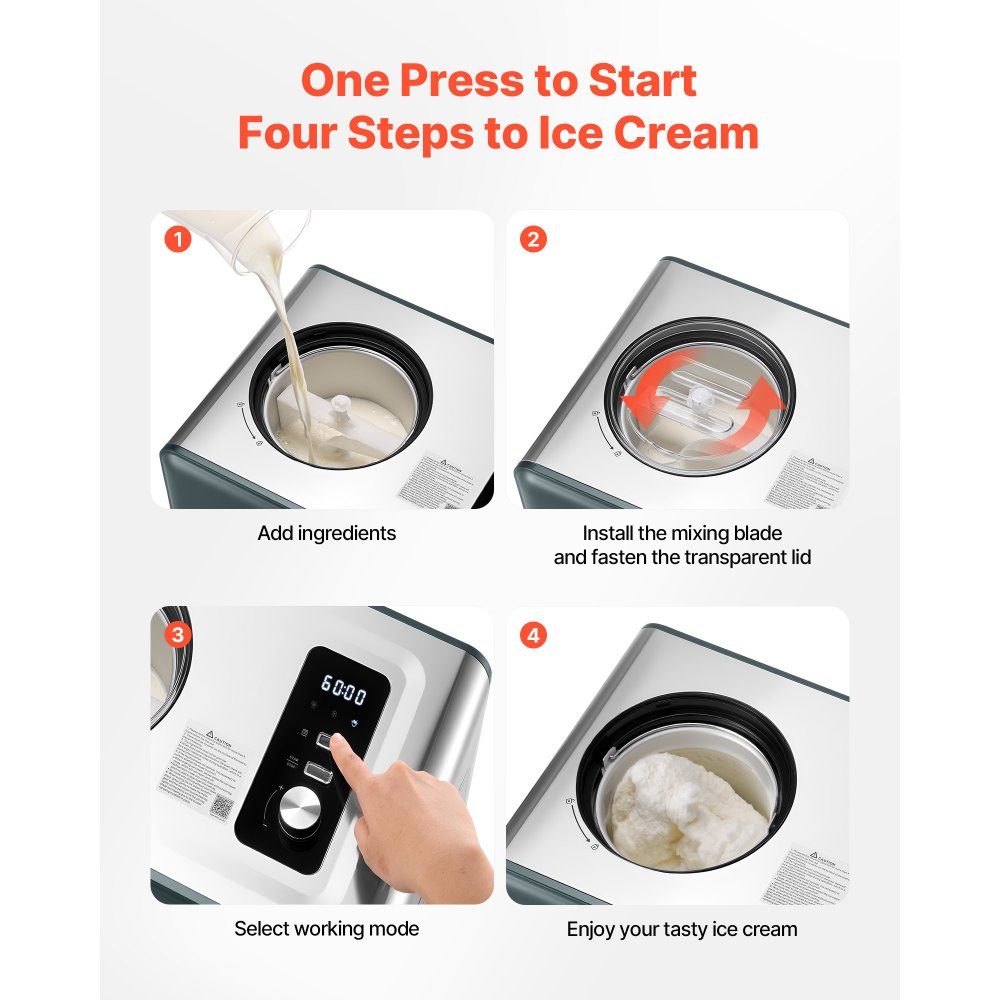 Automatic ice cream maker 1.5L with integrated compressor (150W), no prefreezing, ice cream maker with 3 modes, electric ice cream maker, sorbet maker