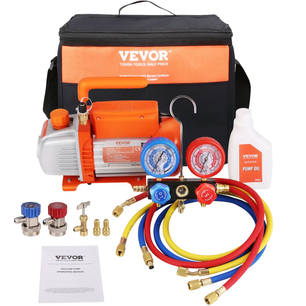 Vacuum Pump 100L/min Vacuum Pump 1 Stage 220V/50Hz 1440RPM 800-4000 PSI (55-276 Bar) 250ml Oil Capacity Vacuum Equipment Manifold Pressure Gauge Kit for Air Conditioning Vehicle Cooling Systems