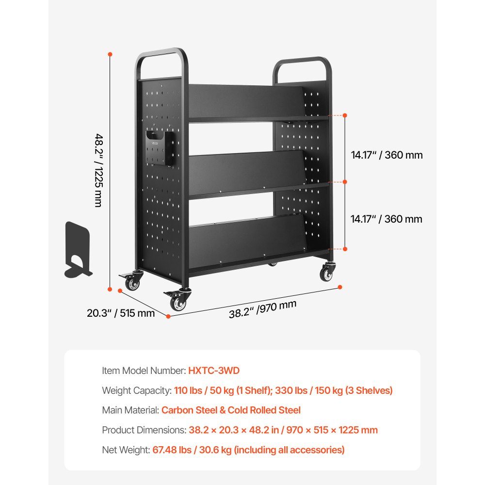 Bücherwagen, 159 kg Tragkraft, Bibliothekswagen, 970 x 515 x 1225 mm, doppelseitiges W-förmiges Bücherregal mit Doppelbremsrädern, Aufbewahrungswagen für Wohnzimmer, Büro, Schule, Schwarz