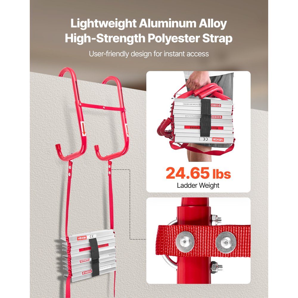 Fire Escape Ladder 15m Retractable Rescue Ladder Max 450kg Lightweight Aluminum Alloy Emergency Ladder with High Strength Polyester Tape Non-Slip Rungs and Wide Steps 5-6 Tiers