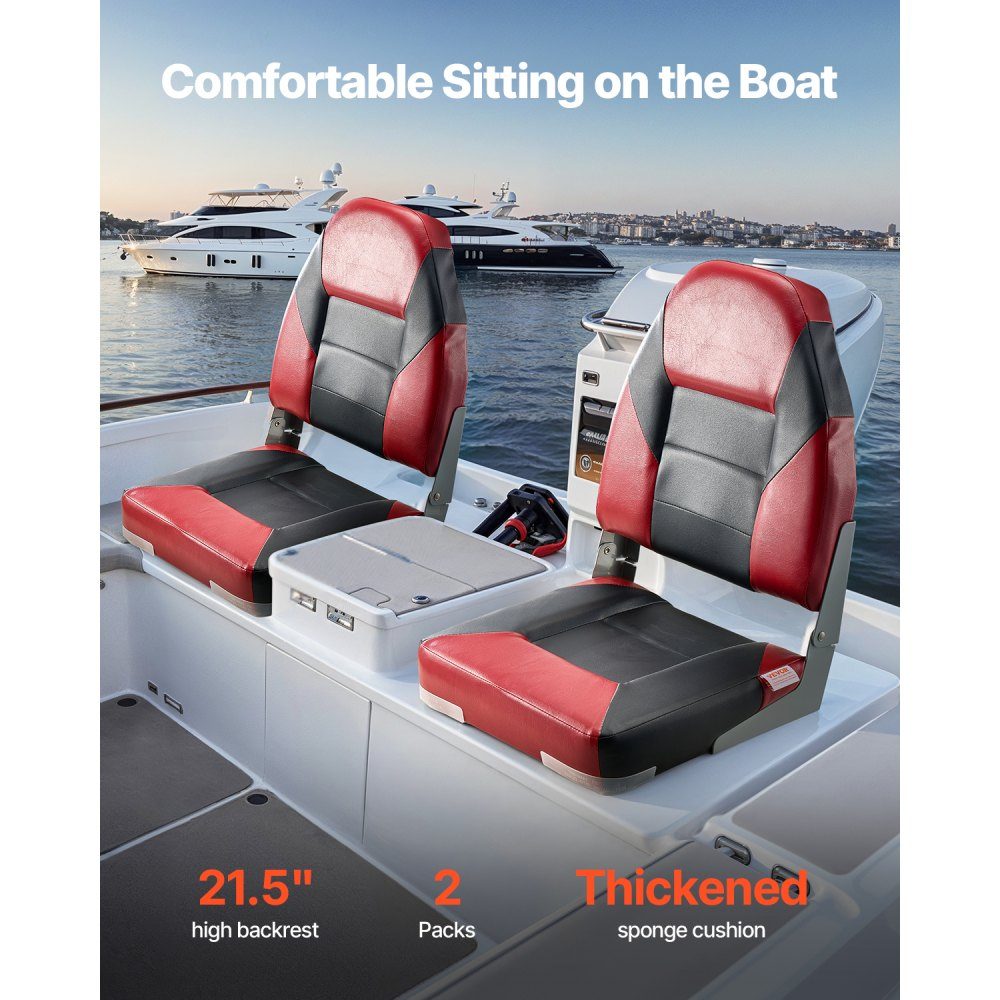2pcs High Back Boat Seat Folding Fishing Boat Seat with Thick Sponge Cushion and Waterproof PVC Leather Aluminum Alloy Hinges Black and Red