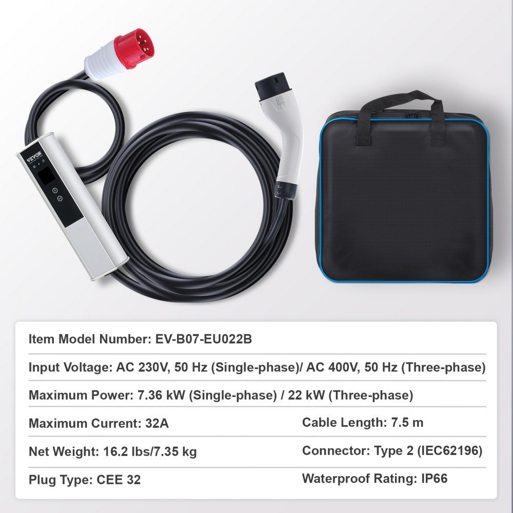 Kabel do ładowania pojazdów elektrycznych typu 2, ładowarka 32 A z CEE-32-Stecker-Wallbox, 7,36 kW (jednofazowa)/22 kW (trójfazowa), kabel ładujący o długości 7,5 m, stacja ładowania pojazdów elektrycznych, 4 poziomy regulacji prądu (16 A/20 A/24 A/32 A).
