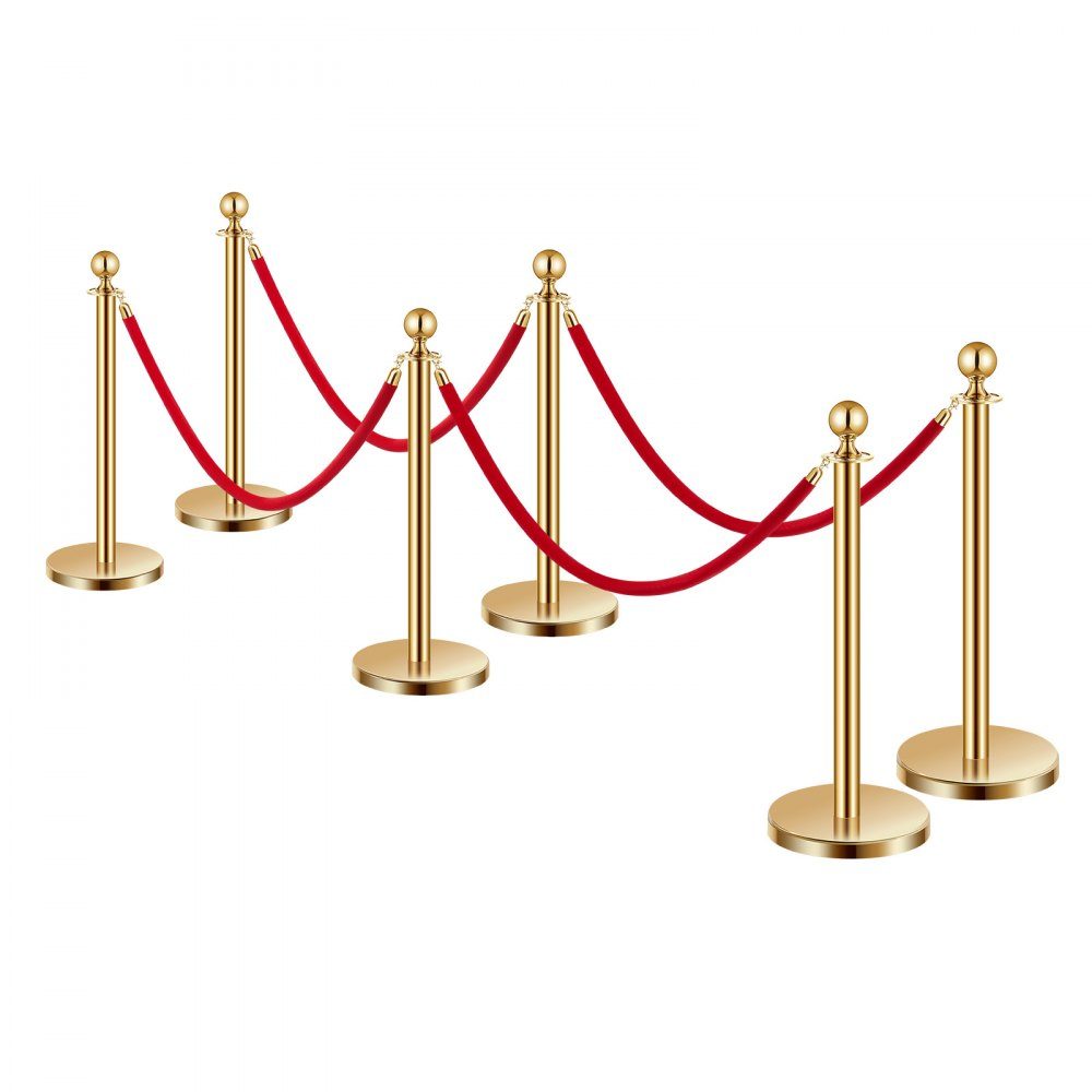 Absperrpfosten (6 Stück) zur Massenkontrolle mit 4 roten Samtseilen (1,5 m lang), Absperrständer aus Edelstahl mit nachfüllbarer Basis für Ausstellungen Golden