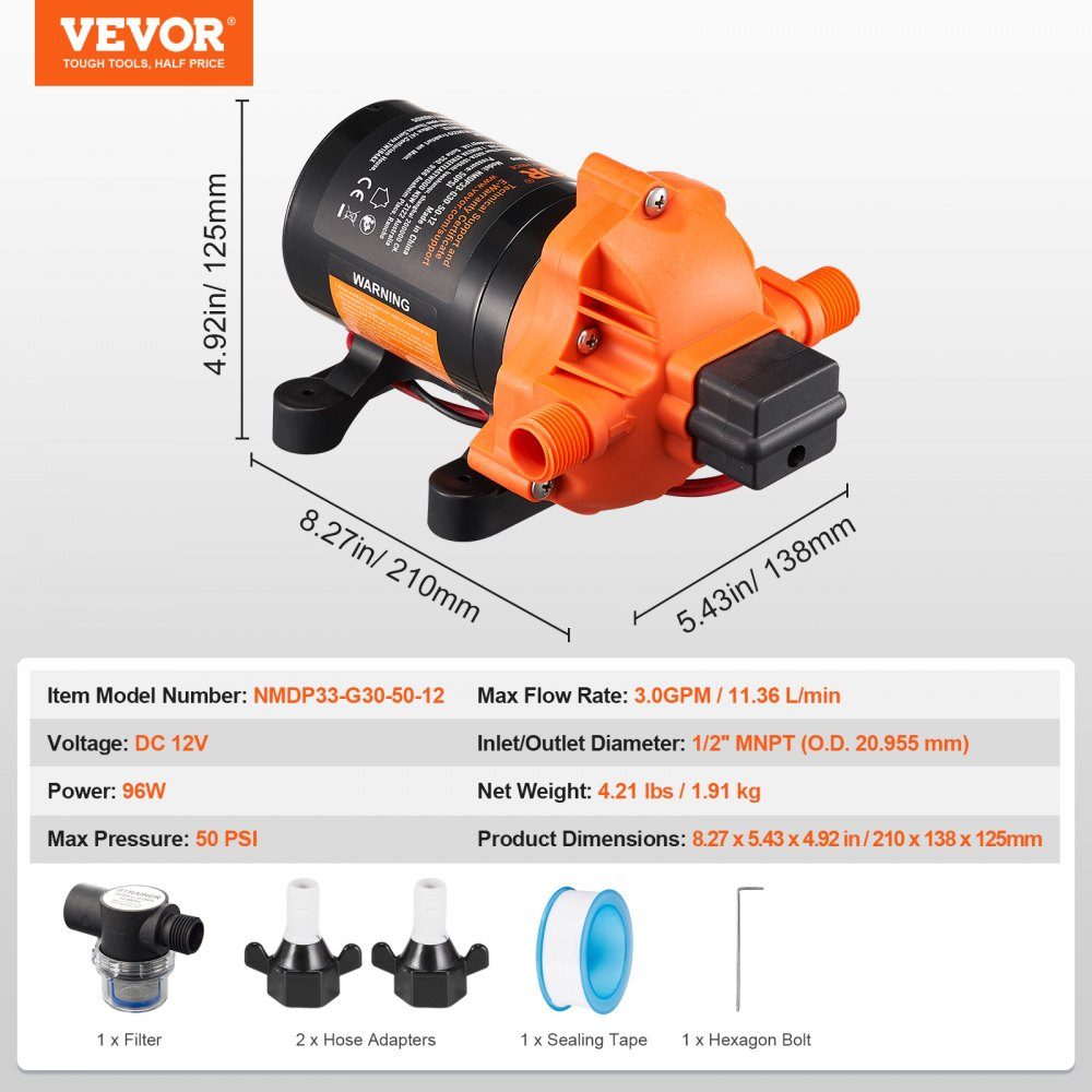12V Diaphragm Pump 11.36L/min 3 Chamber DC Water Pump with Automatic Pressure Switch 40-100PSI Adjustable 50PSI 1/2" MNPT Connector for RV Yacht Food Truck Camper Marine