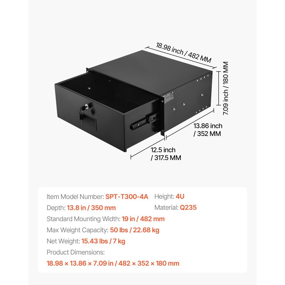 4U-Rack-Schublade, 50 Pfund, abschließbares Serverschrankgehäuse, Schiebeschublade mit Schloss und Kabelführungslöchern für 482-mm-Netzwerkschrank, AV-Rack oder Schrankgehäuse