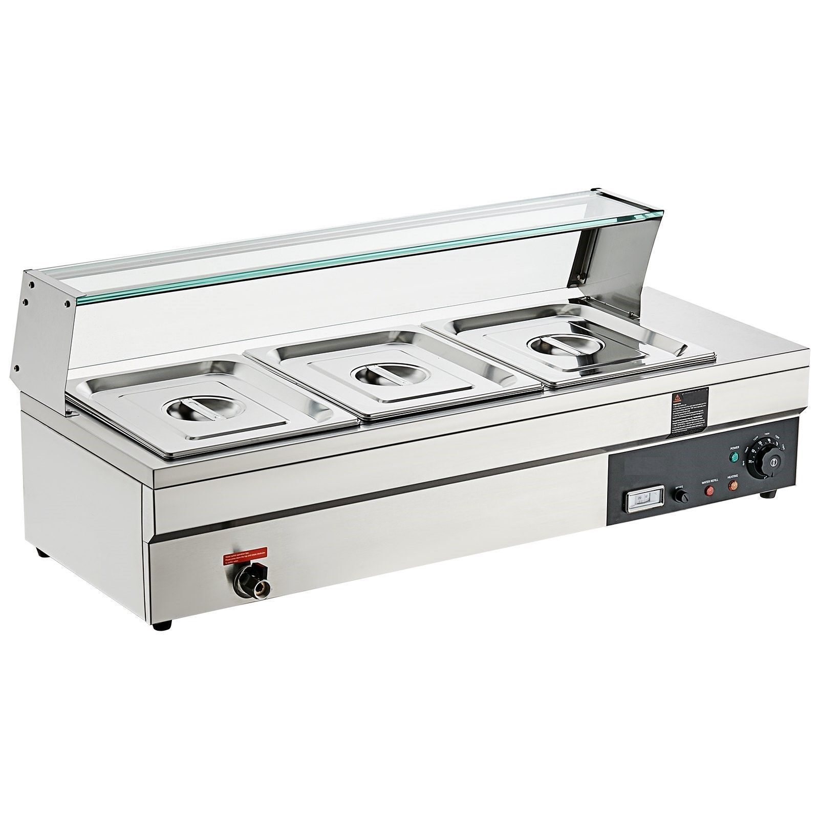 RVS buffetverwarmer, voedselverwarmer, buffetcontainer. Elke verwarmingsplaat kan worden gebruikt, inclusief glazen deksel, aftapkraan en droogbrandindicator, voor kantine, café etc. Chafing Dish