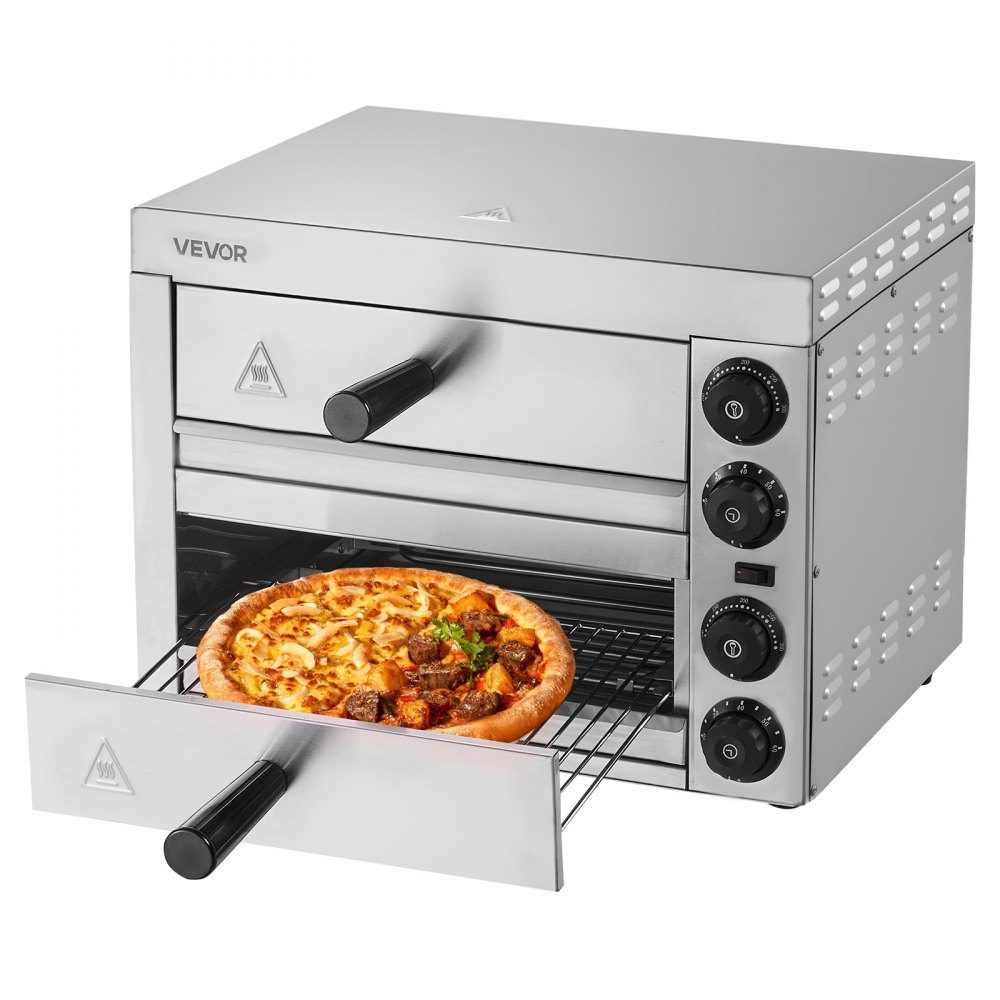 12" 1700W Electric Pizza Oven with temperature control and 0-60 minute timer, even baking technology and easy to clean crumb tray, ideal for commercial and residential kitchens
