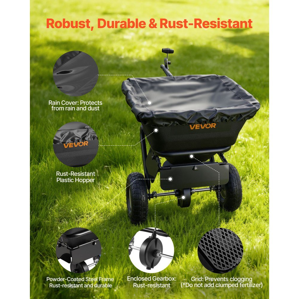 Spreader 38.6 kg load capacity, centrifugal spreader trailer spreader 3 m spreading width, spreading trailer with 25.4 cm tires, adjustable spreading quantity, lawn spreader for seeds, fertilizer and road salt