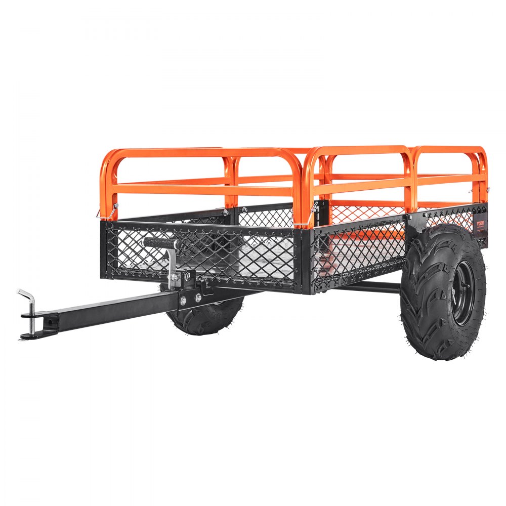 Heavy-duty lawn tractor tipping trailer with 680 kg load capacity, towing hitch with tilting loading area, trailer with folding side walls, orange ATV UTV tipping trailer trailer