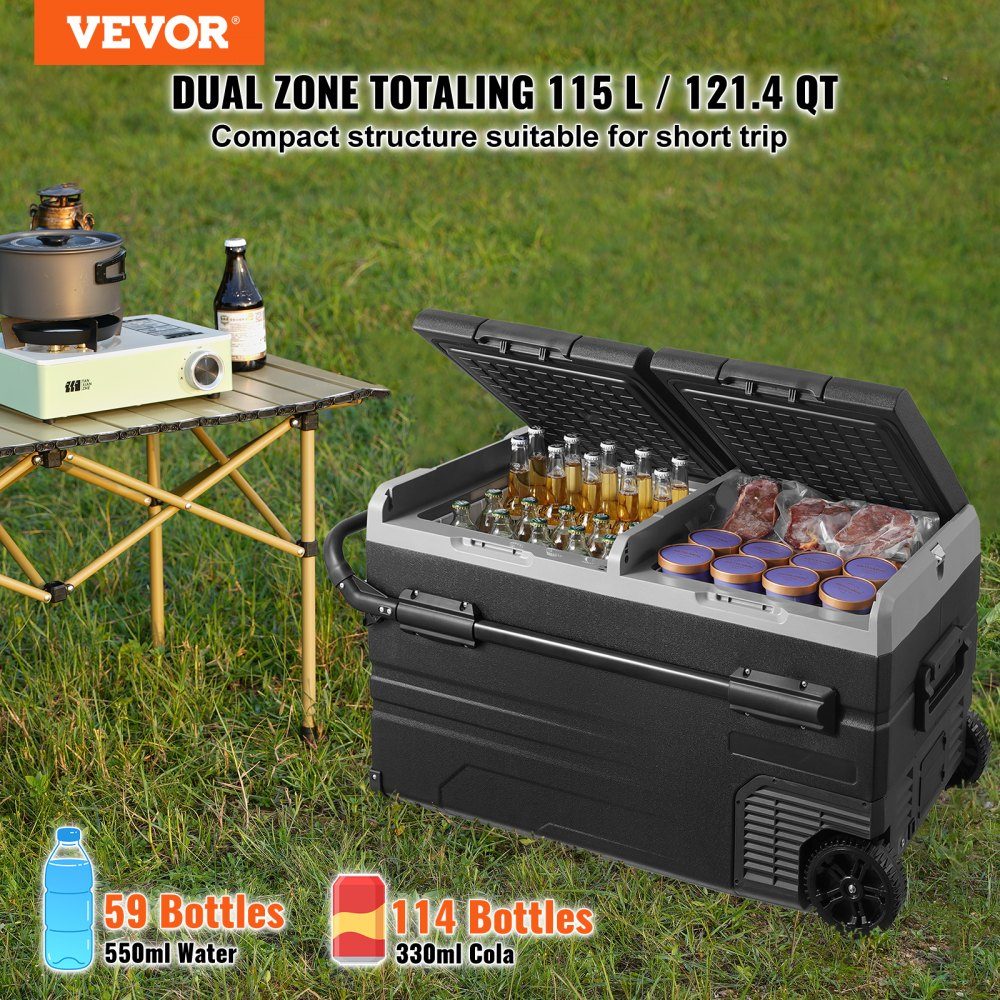 12V Car Fridge, 115L Portable 2 Zone Freezer with Wheels and Handle, -20°C to 20°C, 12/24V DC / 100-240V AC Compressor Cooler for Outdoor Camping Travel