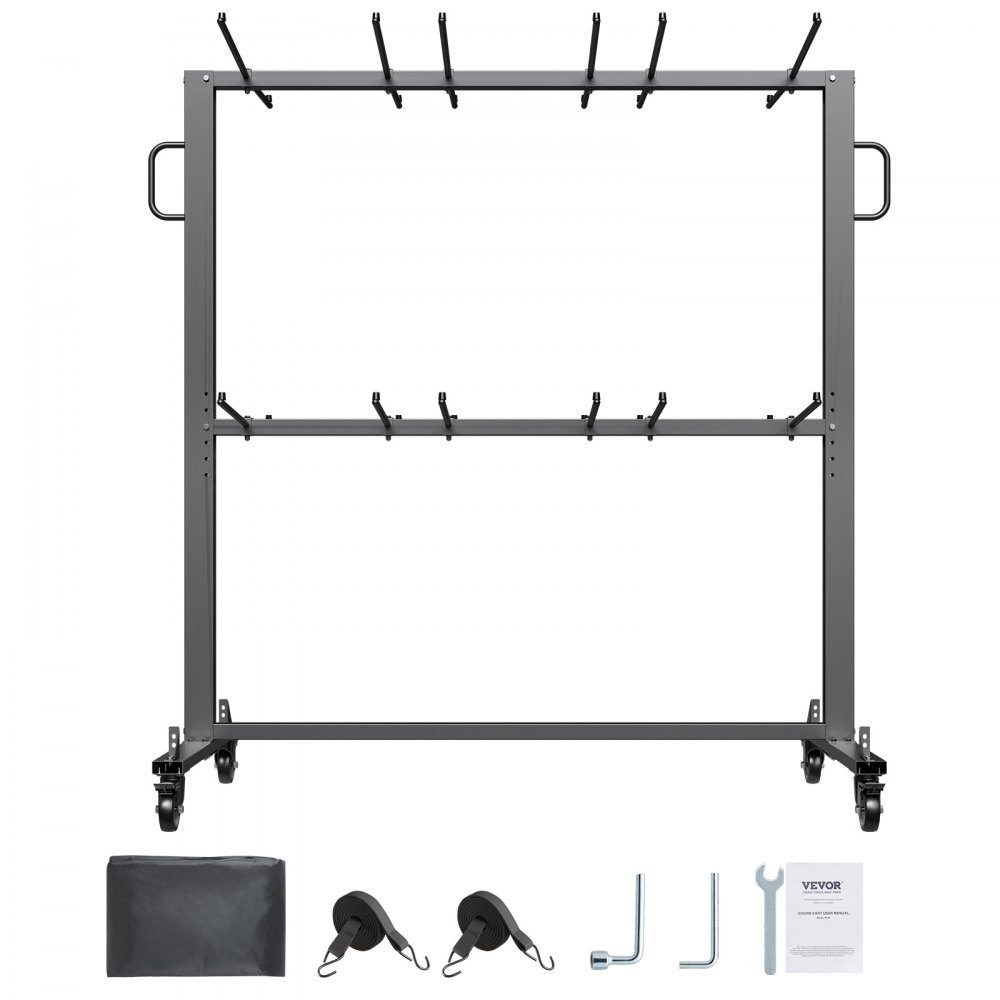 Folding Chair Stand, 800 Pound Load Capacity, Chair Cart for 84 Chairs/12 Tables, Double Layer Chair Storage Cart with Rubber Wheels and Brackets, Large Chair Holder, Matte Black
