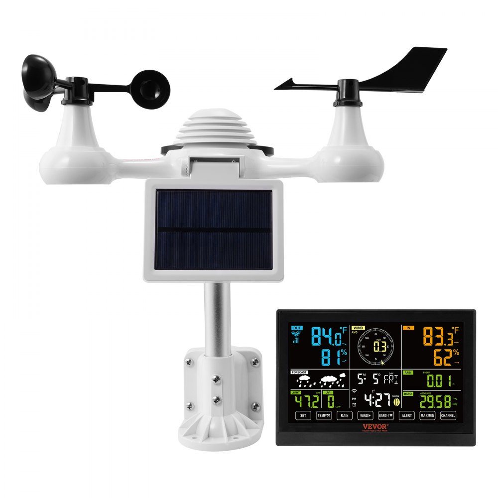 Professioneel WiFi-weerstation, 7-in-1 weercentrum op zonne-energie, 190,5 mm (7,5 inch) display, 150 m zendbereik, buitensensor voor windsnelheid, windrichting, temperatuur, vochtigheid, neerslag
