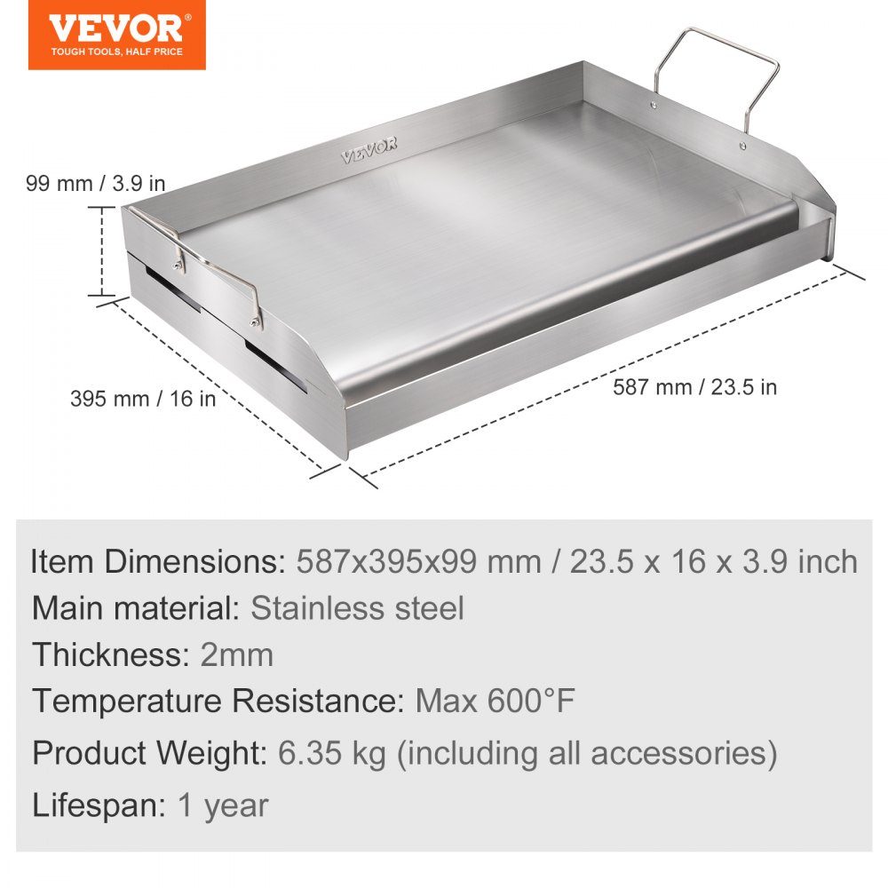 Plaque de gril 430 en acier inoxydable 58,7 x 39,5 x 9,9 cm - Plaque de gril universelle de 2 mm d'épaisseur utilisable, plaque de gril de fête pour barbecue en plein air avec poignée gril à gaz pour gril à gaz, gril à charbon et accessoires de gril élect
