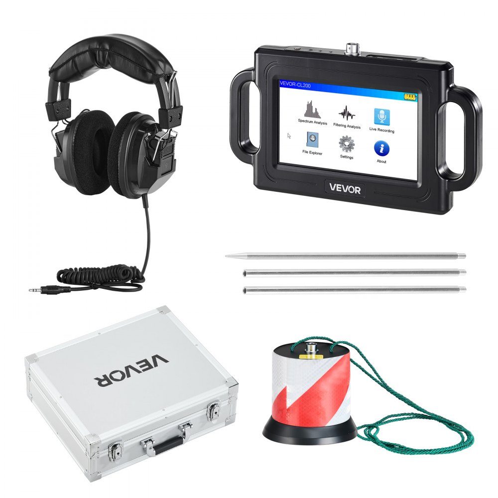 Lekdetector voor pijpwater, 1 Hz-5000 Hz, 7" touchscreen-lekdetector voor pijpen met een diepte van 2 m - met sensor, 3 luisterstaven, hoofdtelefoon, kaart van 8 GB en draagtas
