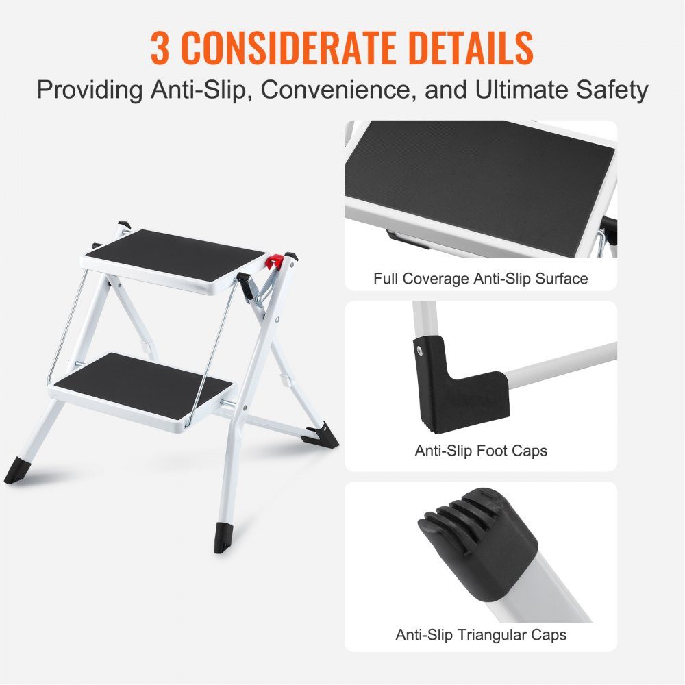 Household ladder 500x480x450mm folding step ladder made of steel step ladder 2 steps step ladder 150kg load capacity folding step double step ladder 445mm high kitchen ladder non-slip step stool