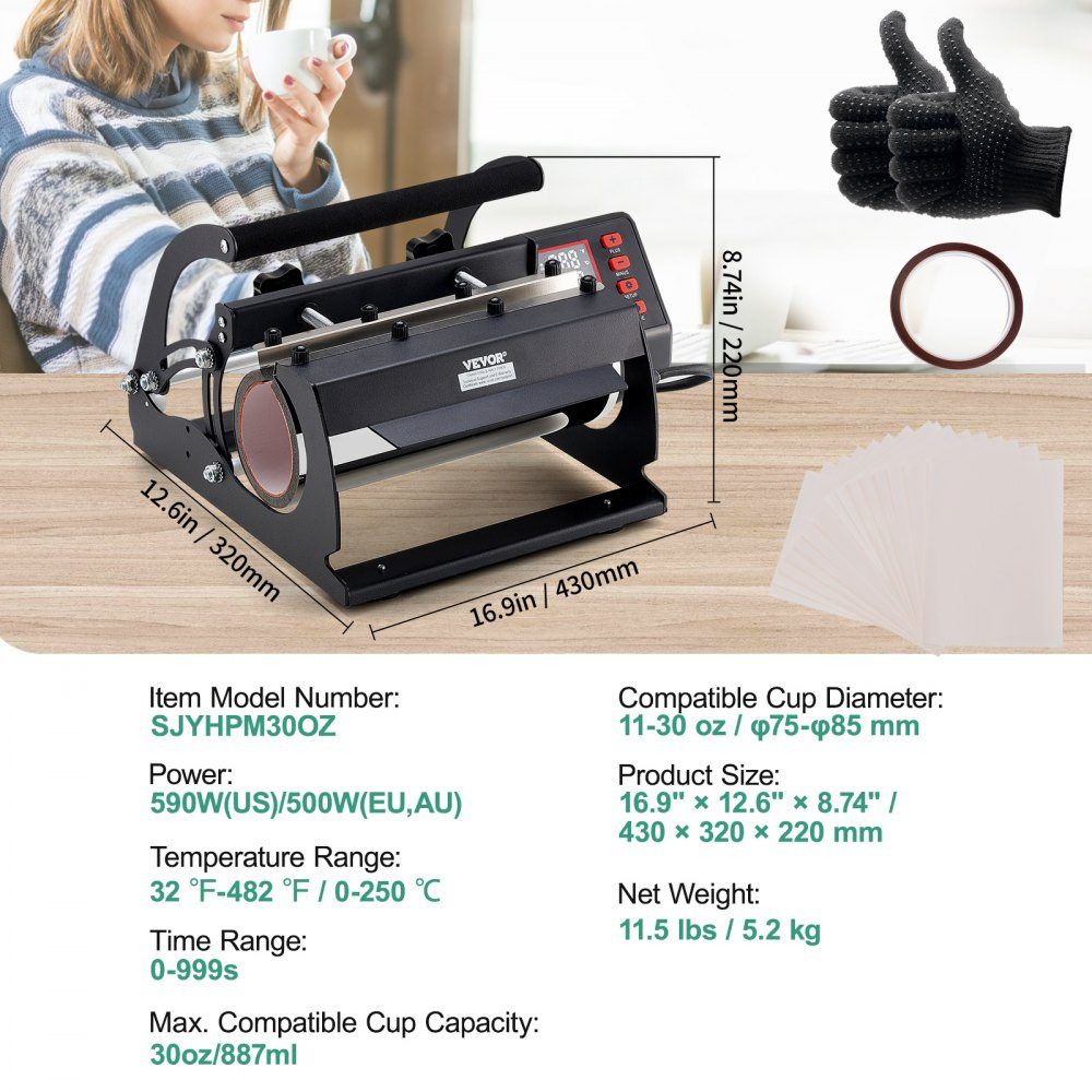 Tumbler-Wärmepresse, 11–30 oz Tassenpresse, schnelles und gleichmäßiges Erhitzen, Tumbler-Presse mit Sublimationspapier, Klebeband und Handschuhen, Temperatur- und Zeiteinstellung, für Sublimationsbecher, Tassen, Becher, Schwarz