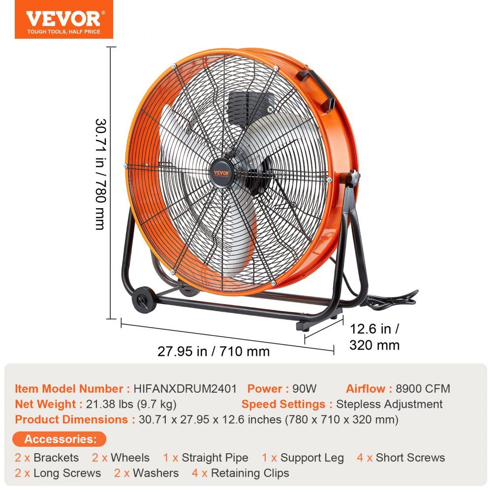 Ventilateur à tambour, ventilateur de sol, usage commercial robuste, vitesse continue 8900 CFM, inclinaison réglable à 360°, ventilateur de sol industriel pour entrepôt, atelier, usine
