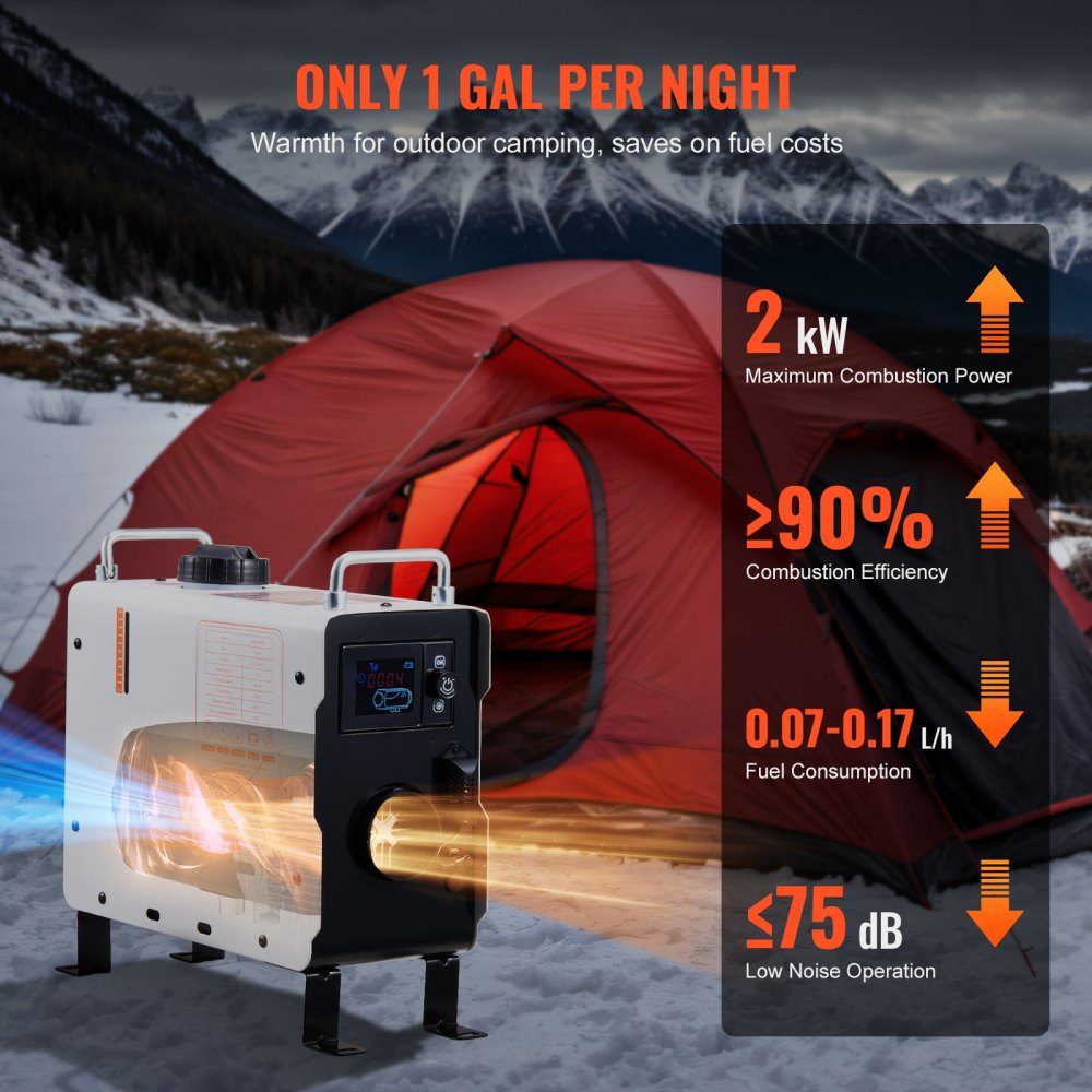 2KW Diesel Heater 12V/24V All-in-One Diesel Air Heater with Bluetooth App Control and Remote Control Screen and CO Alarm Fast Heating Portable Vertical Diesel Heater