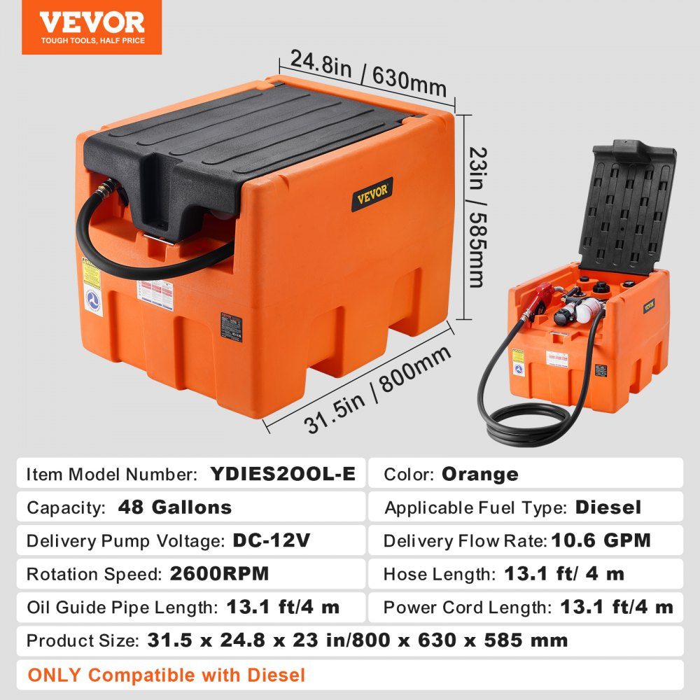 Portable diesel tank, 48 gallon capacity, 10.6 GPM pump speed, includes 12V electric pump, 13.1ft hose and automatic nozzle, orange diesel fuel tank for smooth transportation