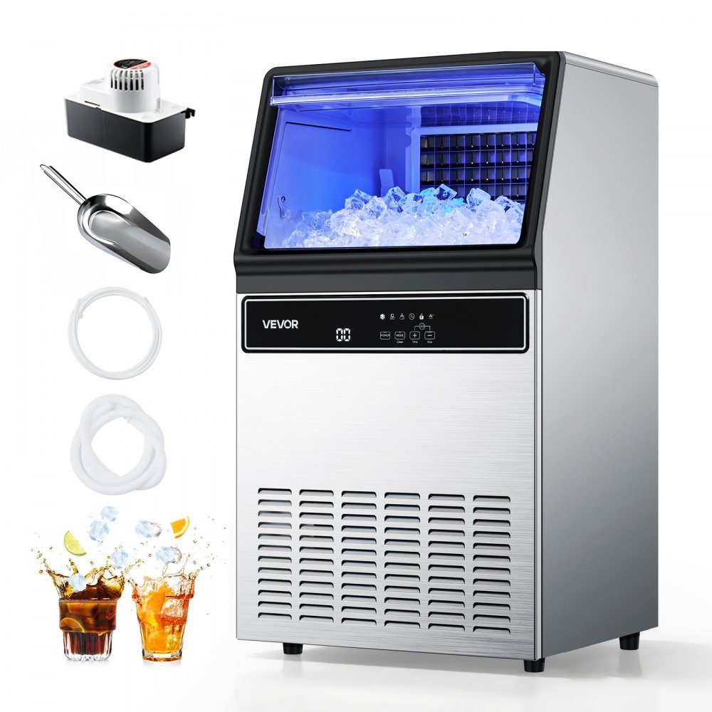Machine à glaçons professionnelle avec pompe 59 kg/jour avec capacité de stockage de 15 kg, 45 glaçons par cycle, sur pied et sous comptoir, avec écran LED et autonettoyante, pour bar restaurant à domicile