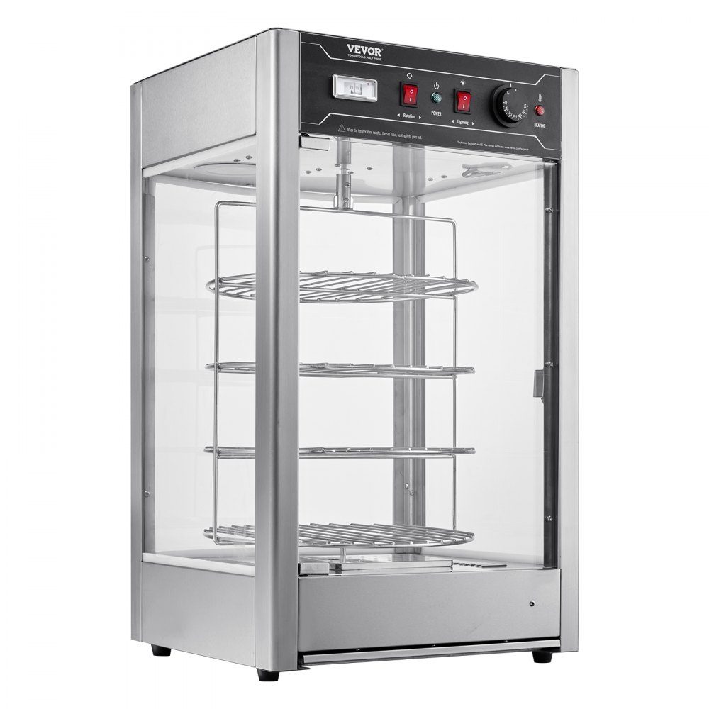 Commerciële Voedselverwarmer voor 14" Pizza, 4-laags Pizzaverwarmer met Roterende Stoomverwarmer, 30℃~85℃ Temperatuurregeling en Temperatuurweergave, 25W Ovenlicht + Top-LED voor Pizzeria, Restaurant