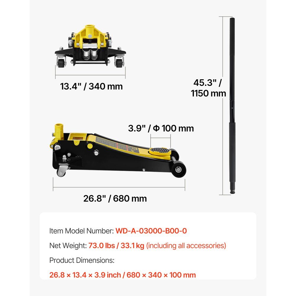 Car Jack, 3 Ton Low Jack Heavy Duty Steel Racing Car Jack with Dual Piston Quick Lift Pump, Jack Lift Range 3.35"-19.69