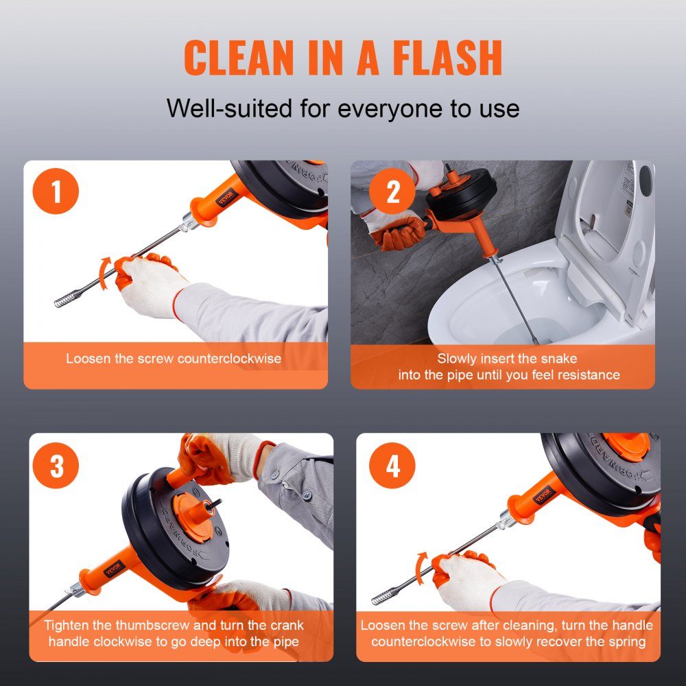 Pipe Cleaning Cable 1/4" x 300" Spring Steel Cable Drain Cleaner with Drum Manual & Electric Hand Feed Pipe Cleaning Shaft Pipe Cleaning Device Ideal for Toilet Sewer Floor Drains