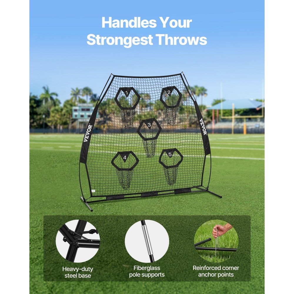 Football Coach Throwing Net, Practice Net (2265 x 1060 x 2100mm) with 5 Target Pockets and Portable Storage Bag and Straps, Throwing Target Training for Quarterback Passing Accuracy, Black
