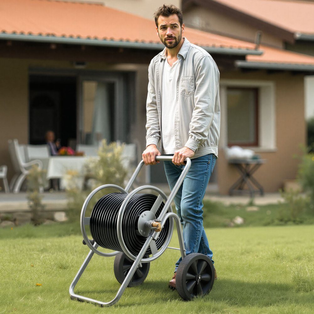Chariot à tuyau, 6096/9144 cm, chariot à tuyau d'arrosage avec deux roues en PU, poignée et panier en maille robuste, enrouleur de tuyau, enrouleur de tuyau mobile pour l'irrigation du jardin, lavage de voiture, 530 x 650 x 740 mm
