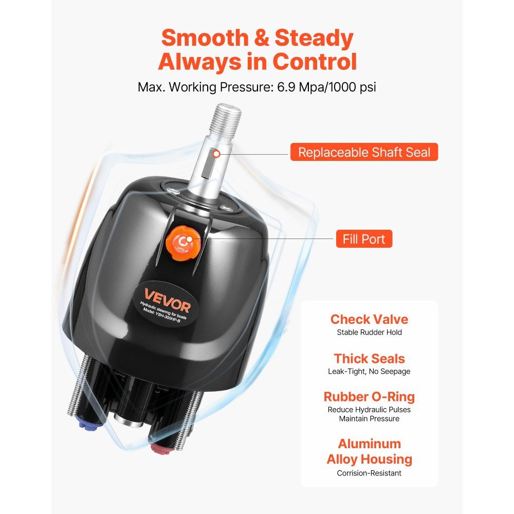 Outboard Hydraulic Steering Kit 220kW (300HP) Hydraulic Boat Steering System with 6.9MPa Steering Pump, Two Way Lock Cylinder and 7.9m Hoses, for Single Helm, Single Engine
