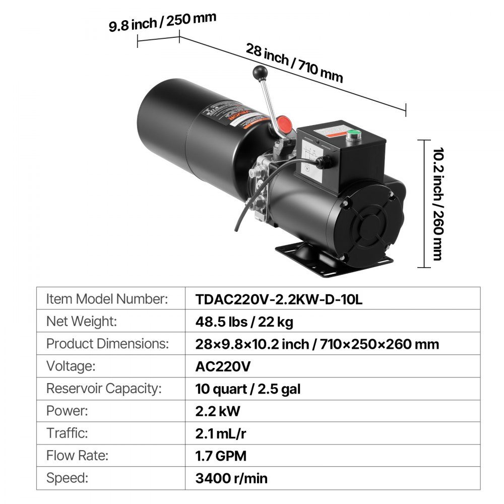 Hydraulic Pump Hydraulic Units AC 220V, 10Qt Single Acting Hydraulic Unit, 6.3L/min Oil Flow, Max Delivery Pressure 22MPa for Dump Trucks, Automotive Workshops, Lifts, Black