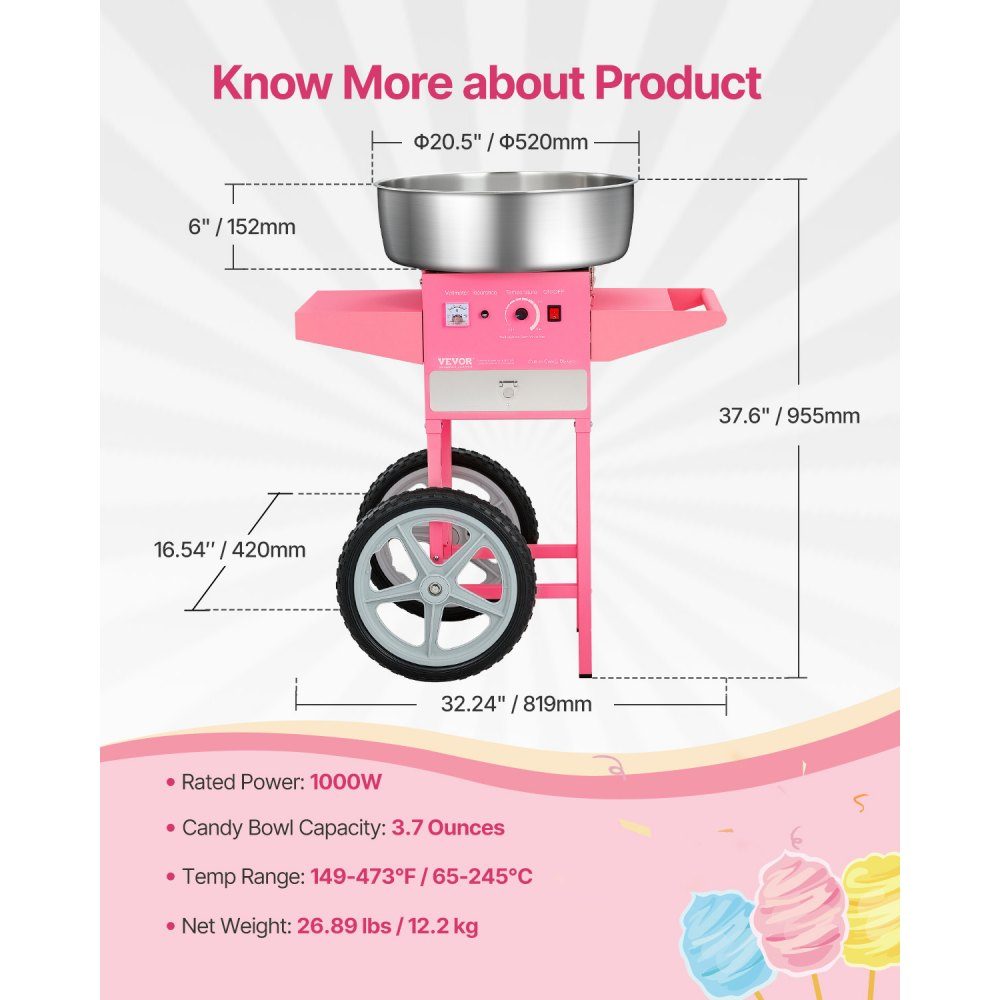 Machine à barbe à papa électrique, machine à barbe à papa commerciale avec chariot (1000 W), avec bol en acier inoxydable de 52 cm, cuillère à sucre et tiroir, parfaite pour les anniversaires d'enfants, les réunions de famille, rose