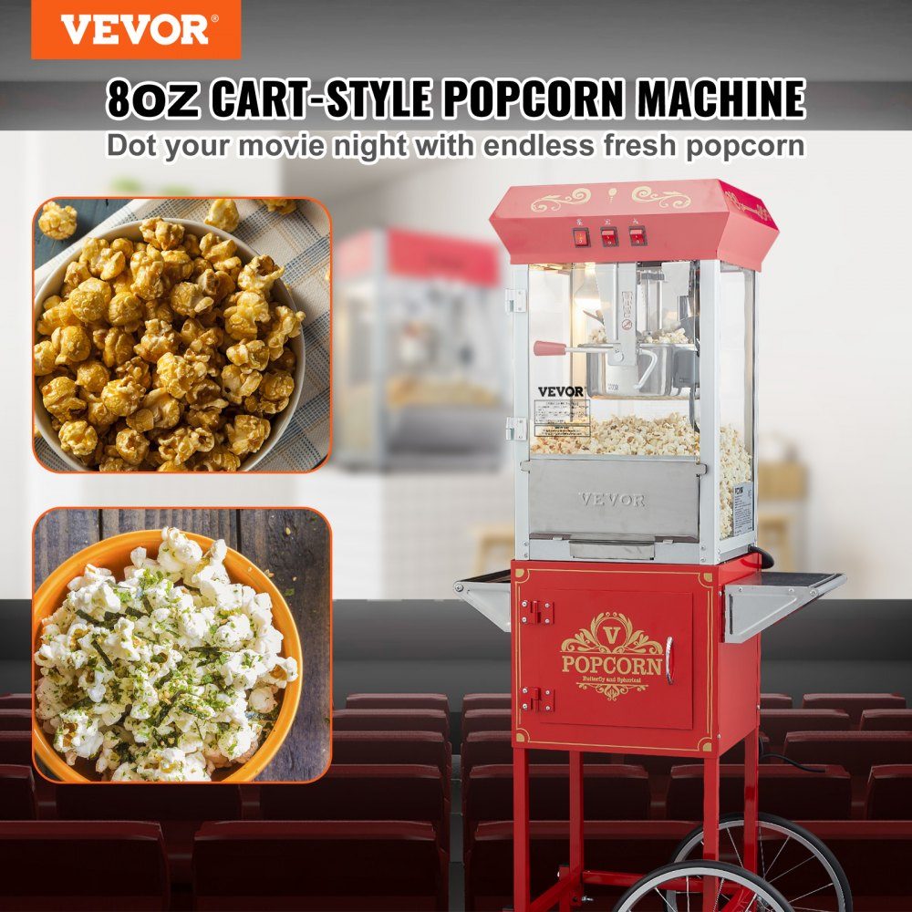 Maszyna do popcornu, Maszyna do popcornu, Maszyna do popcornu z wózkiem, Maszyna do popcornu 850 W, Czajnik 8 uncji na 48 filiżanek na załadunek, Maszyna do popcornu z hartowanym szkłem, Zawiera 4 kulki, Styl kinowy, Czerwony