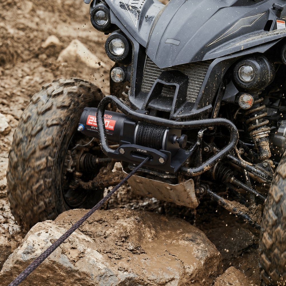 Electric Winch 1134kg 12V DC Motor Winch with 4.8mm x 12m Synthetic Rope and Wired Remote Control IP55 Aluminum Housing Electric Winch for ATV Towing Black
