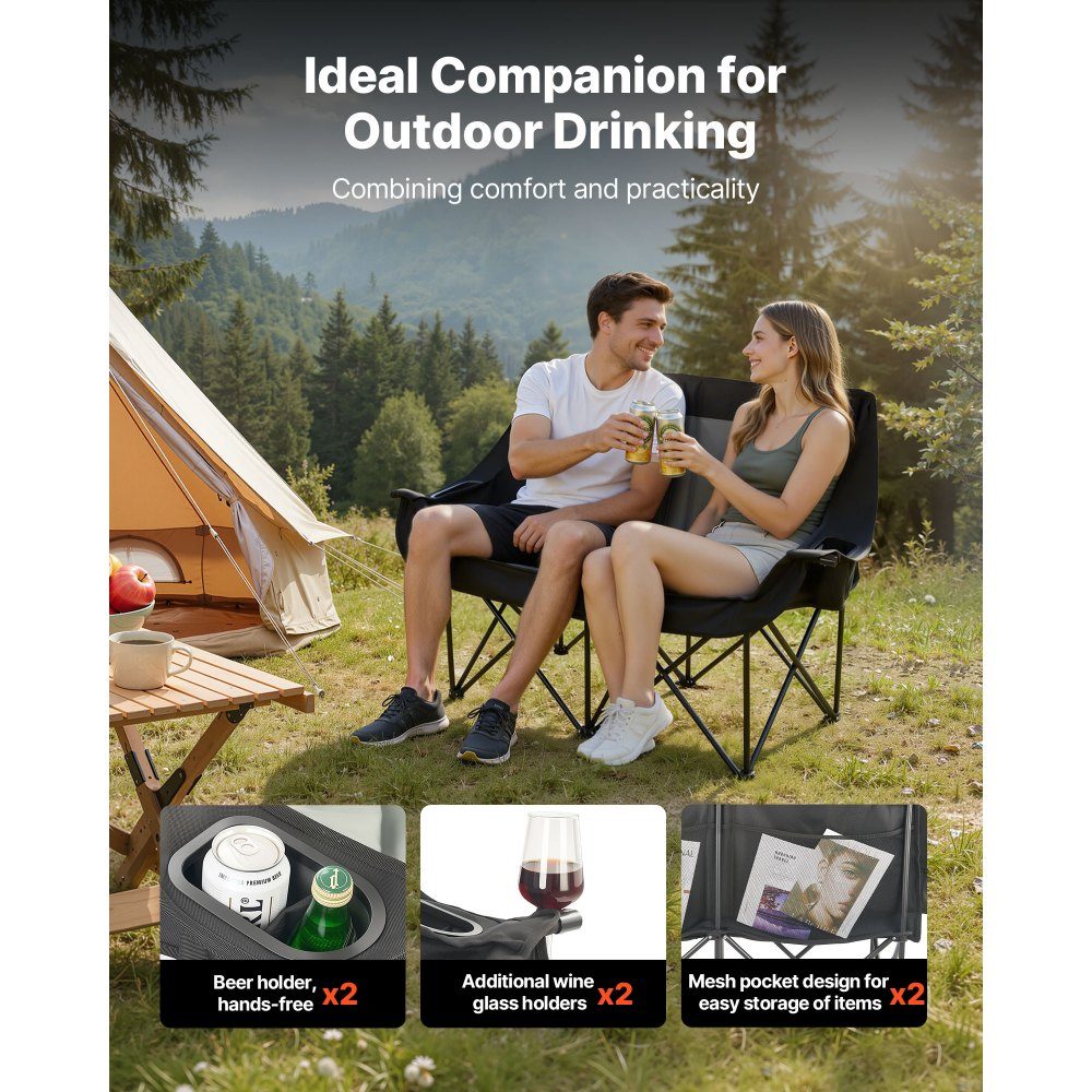 Camping Chair for 2 People, Folding Chair, 300kg Load Capacity, Fishing Chair with 2 Drink Holders & Wine Glass Holders & Magazine Holders & Carry Bags, for Outdoor Activities Fishing 1 Piece