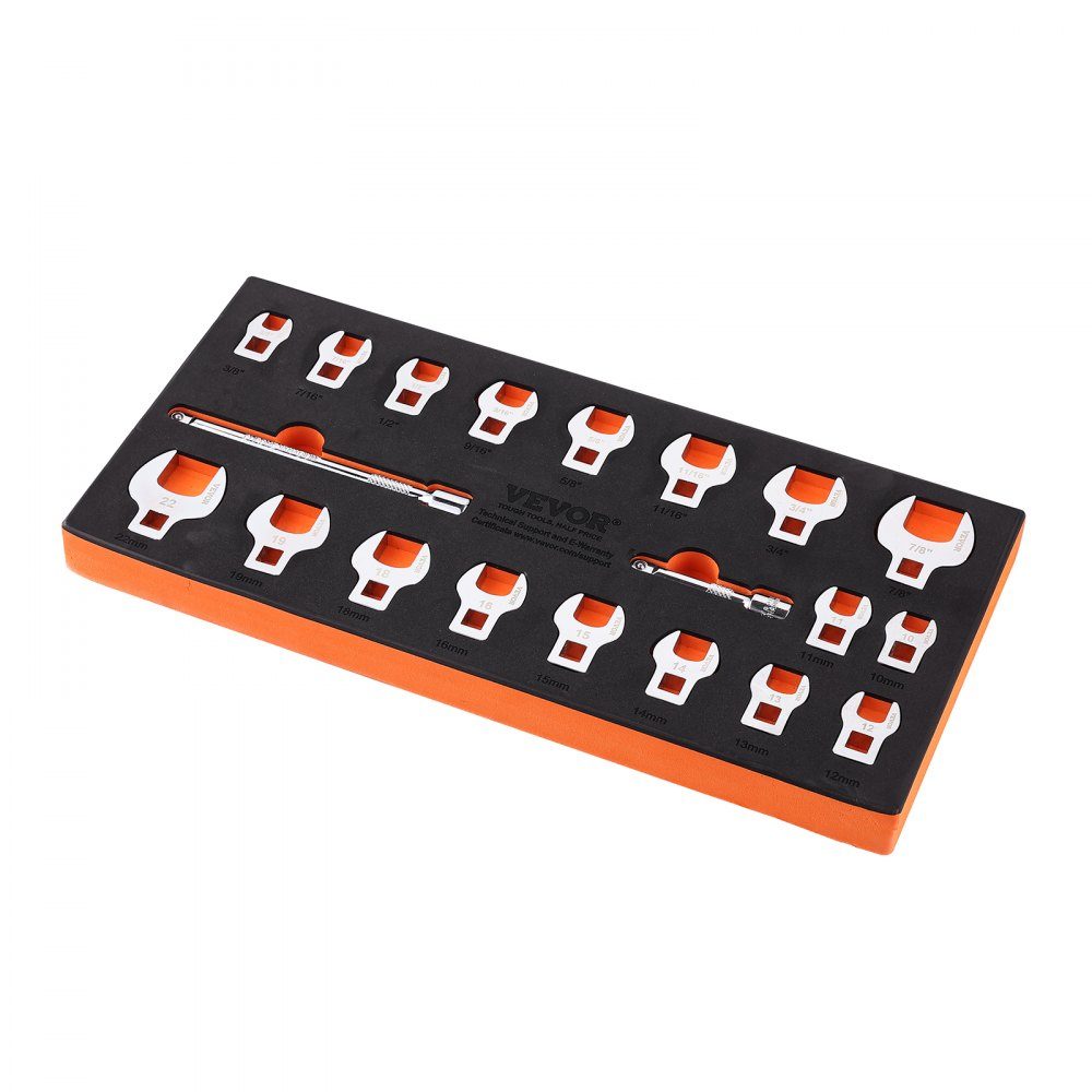Crowfoot Wrench Set, 9.525mm Drive, 20 Piece Crowfoot Wrench Set with 2 Extension Bars and EVA Tool Organizer, SAE 3/8-2.22cm and Metric 10-22mm, 40CR Material