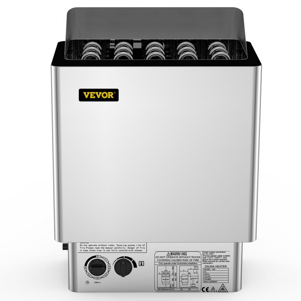 Saunaofen 9 KW, Sauna-Elektroherd 380 V - 415 V, Edelstahl-Saunaofen 20 kg Saunasteine, elektrischer Saunaofen 2 Modi (Temperatur, Zeit), für 9-13 m³ Saunaraum, 190 cm Höhe, mit Wandhalterung