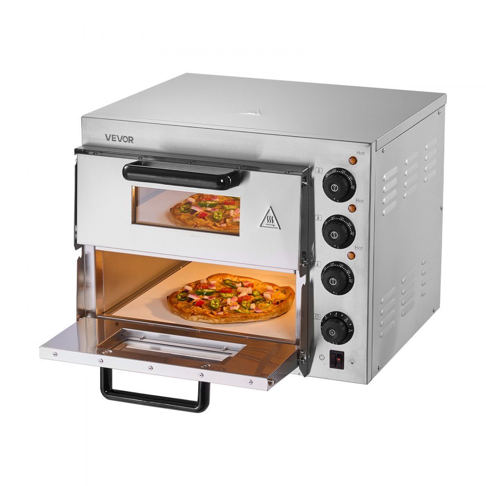 Commercial Countertop Pizza Oven, 14 Inch Double Decker Layer Stainless Steel Electric Pizza Oven with Stone and Handle, Multipurpose Indoor Pizza Machine for Baking Pretzels in Restaurant at Home