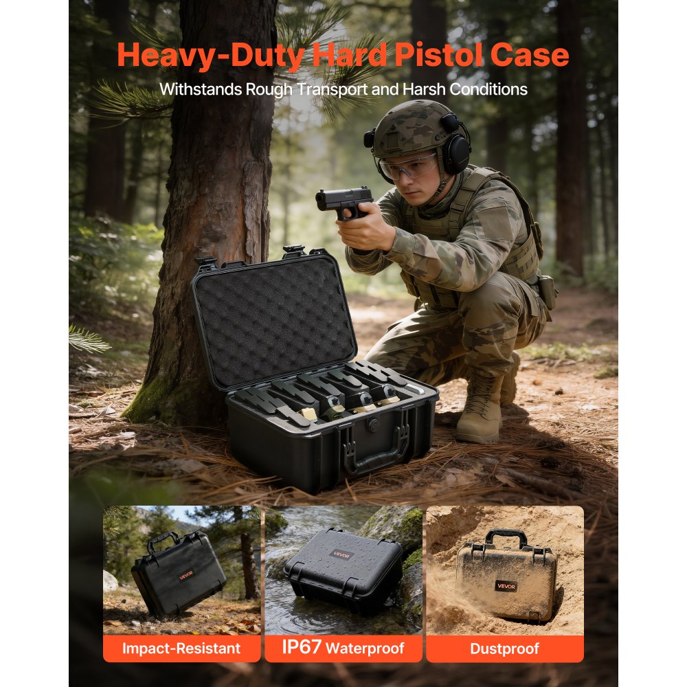 Harde koffer voor 4 pistolen, pistoolkoffer met XPE-schuiminzet 404x319x192 mm, waterdichte pistoolkoffer met verstelbare binnenkant en draaggreep, voor pistoollenzen camera Harde koffer voor 4 pistolen, pistoolkoffer met XPE-schuiminzet 404x319x192 mm, waterdichte pistoolkoffer met verstelbare binnenkant en draaggreep, voor pistoollenzen camera