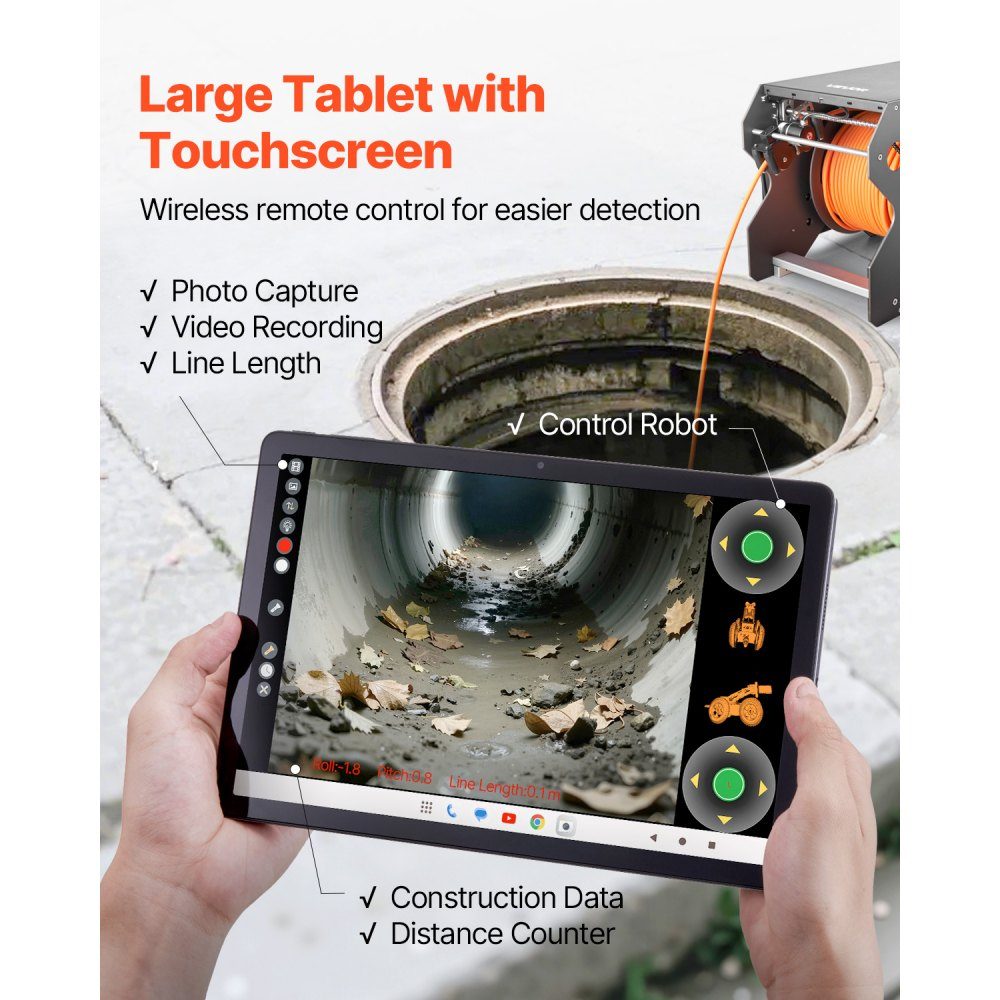 Inspektionsroboter, kriechender 120-m-Rohrerkennungsroboter mit 2-Megapixel-Front-/Rückkamera und Touchscreen-Tablet, IP68-Rohrkamera mit Beleuchtung und Entfernungszähler für Industrierohre