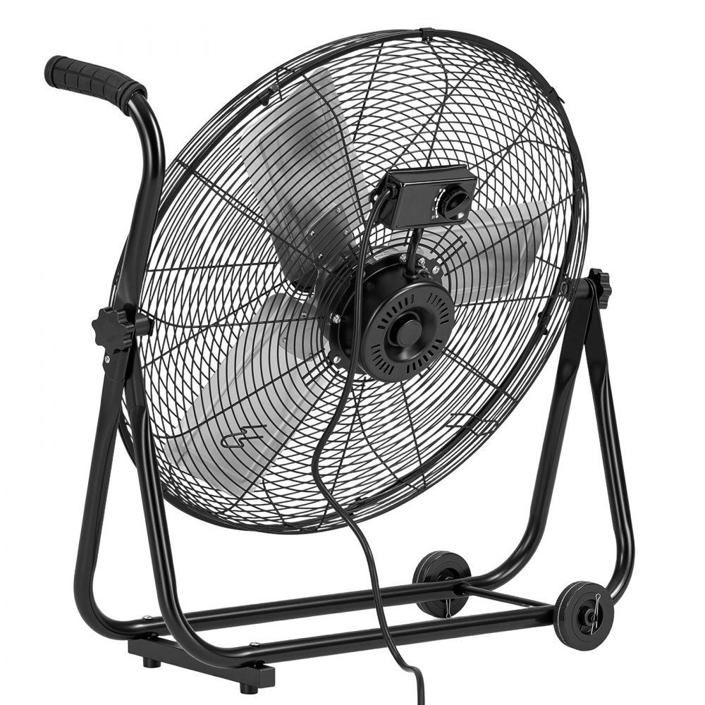Vloerventilator Ø609,6mm, windmachine 360° kantelbaar, staande ventilator met 3 snelheden, draagbare trommelventilator met handvatrollen & 1,6m kabel, industriële ventilator voor garageopslag